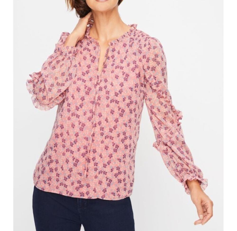Talbots Floral Prints Ruffle Sleeves Blouse Long Sleeves Tie Neck